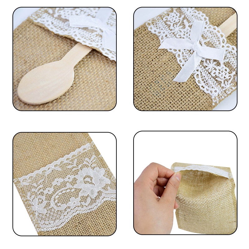 Set 10 túi đựng dao nĩa bằng vải bố phối ren dùng trang trí bàn tiệc