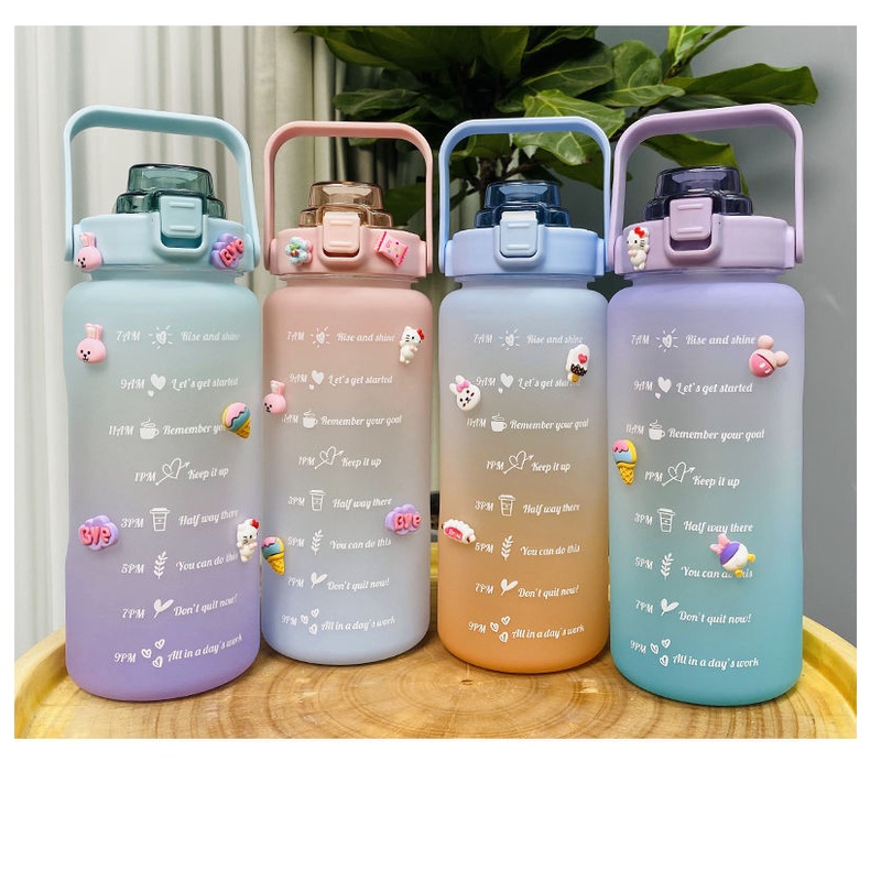 Bình Đựng Nước 2000ml Siêu Cute Có Vạch Báo Giờ Uống Nước Siêu Thể Thao