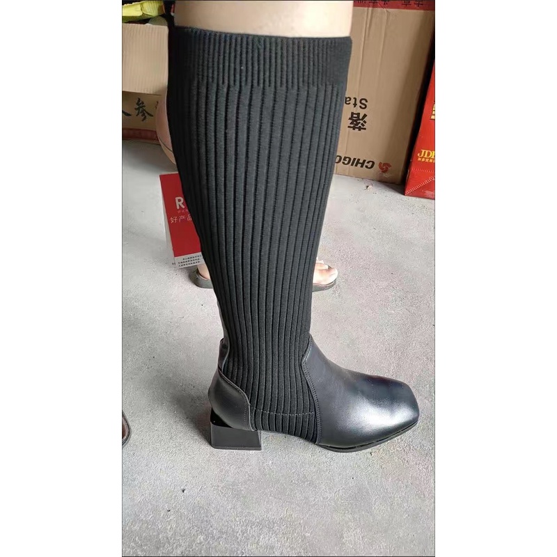 [Sẵn Đen,Nâu đậm 36] Bốt đùi nữ da PU phối len đầu vuông sang chảnh hàng Quảng Châu chất lượng tốt | BigBuy360 - bigbuy360.vn