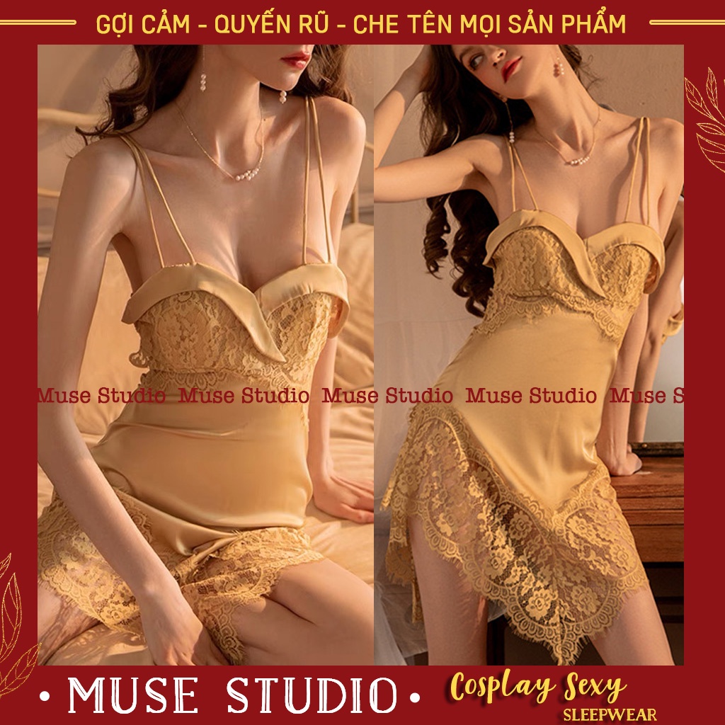 Váy ngủ sexy, đầm ngủ hai dây gợi cảm vải satin phối ren ngực và hông