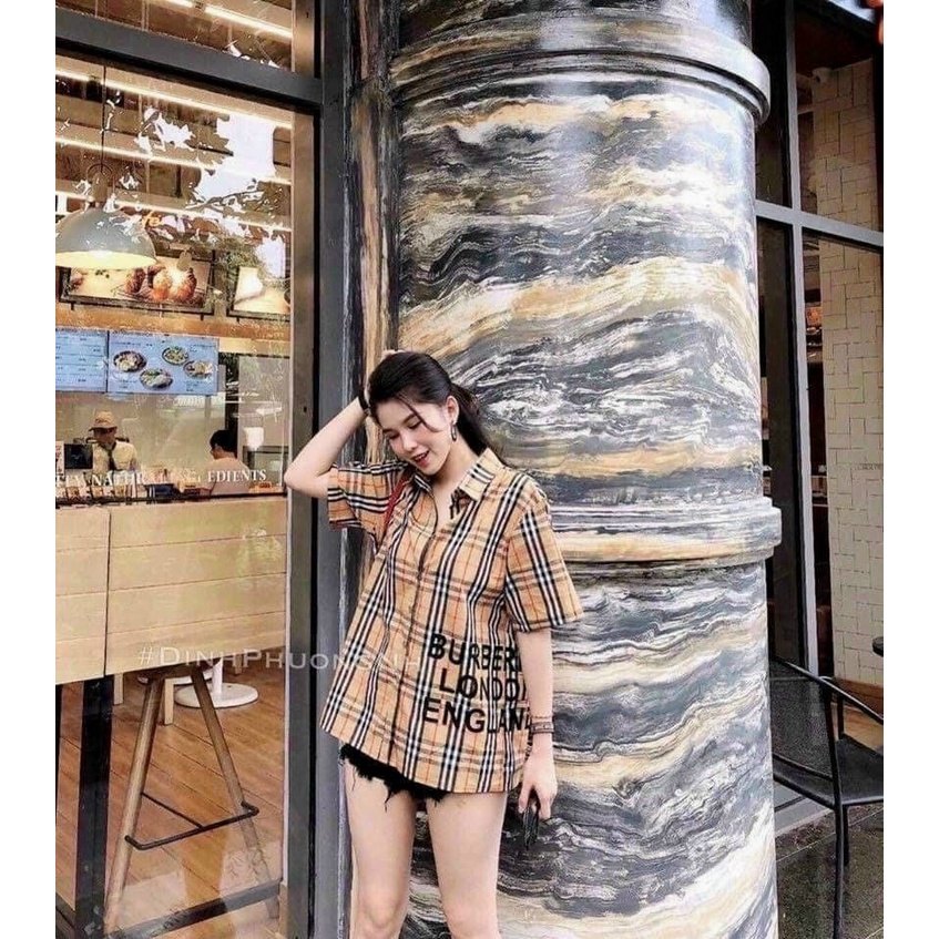 Áo sơ mi kẻ in chữ BB fom rộng cá tính