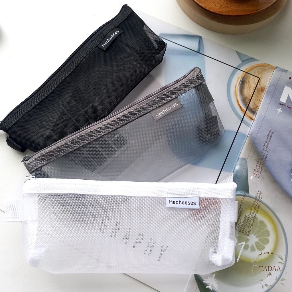Túi đựng bút đồ dùng học tập bằng lưới xuyên thấu vải nylon thiết kế đơn giản cho học sinh
