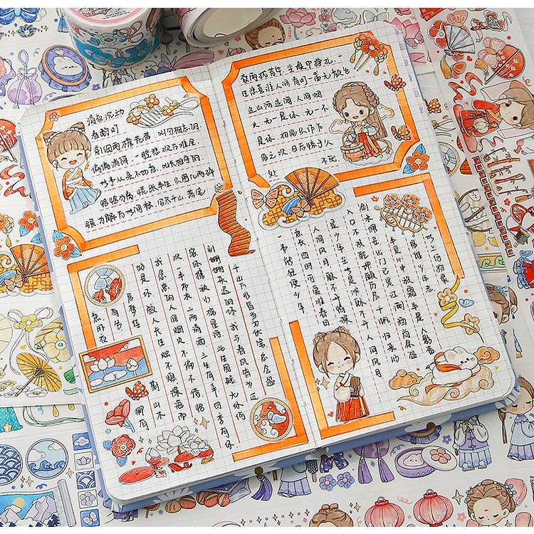 Washi tape cổ trang - băng keo trang trí - viền ánh kim - Hán phục A Bố - 4.5cm x 5m