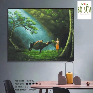 Tranh tô màu theo số chủ đề làng quê Việt Nam size 40x50cm đầy đủ phụ kiện và sơn bóng khung dày 2.5cm VN030