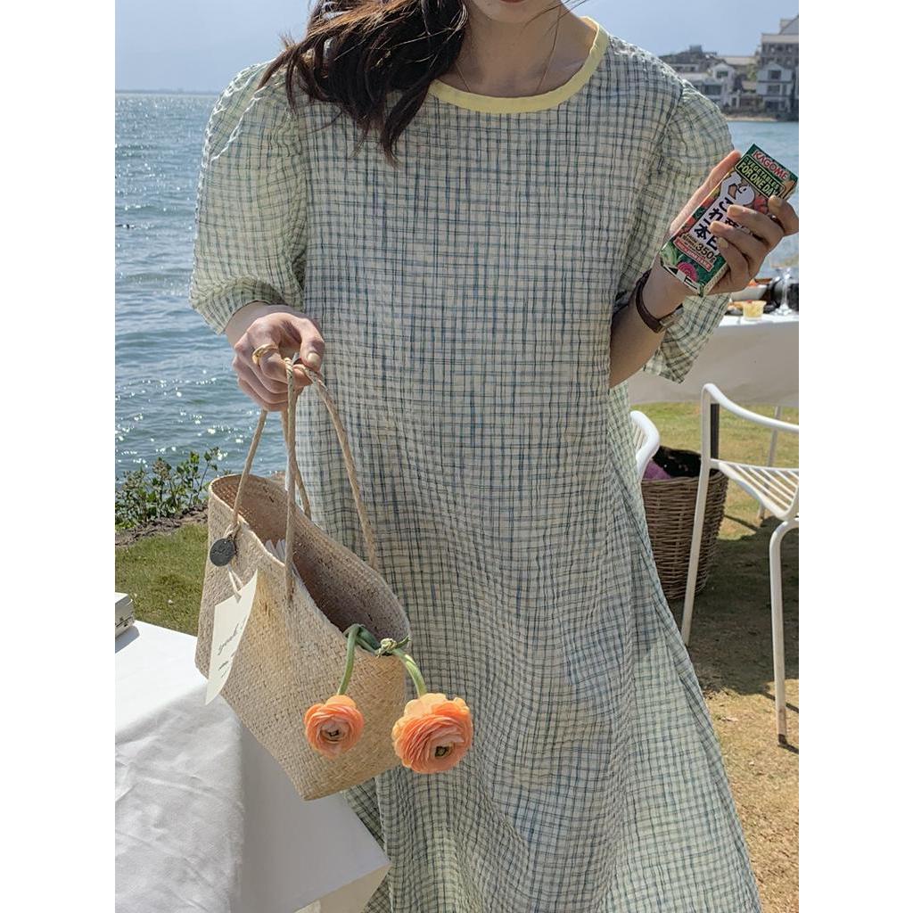 Đầm Sọc Ca Rô Dáng Rộng Ngắn Tay Phối Màu Tương Phản Thời Trang Mới 62594