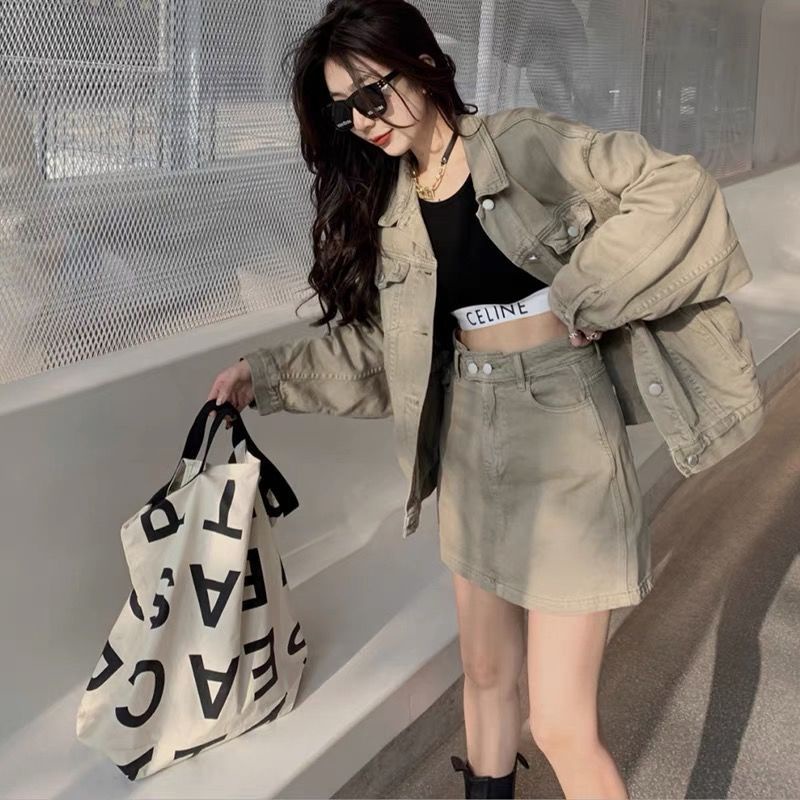 2022 Fried Street hottie pure desire cowboy spring and autumn two-piece set new style small jacket jacket skirt matching suit
