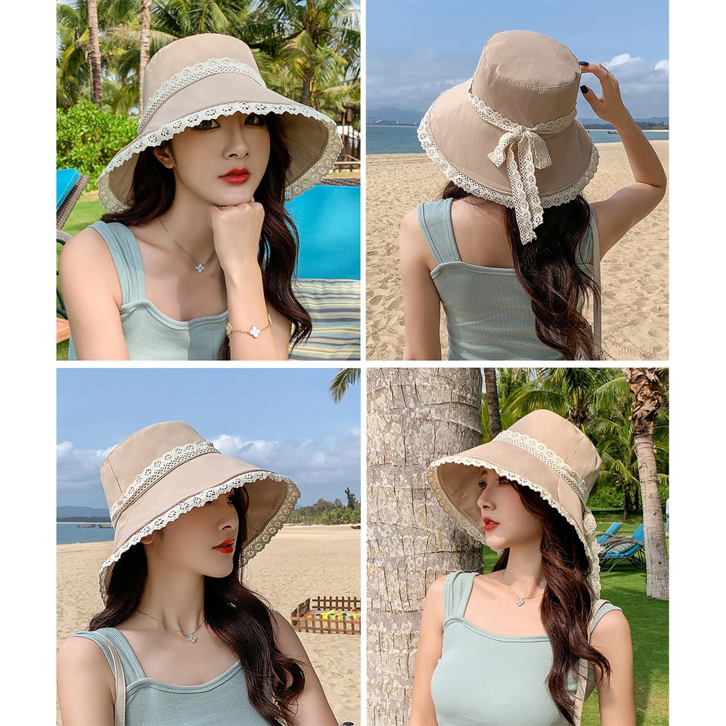 Mũ Chống Nắng Viền Ren Thắt Nơ Vành Rộng P2046