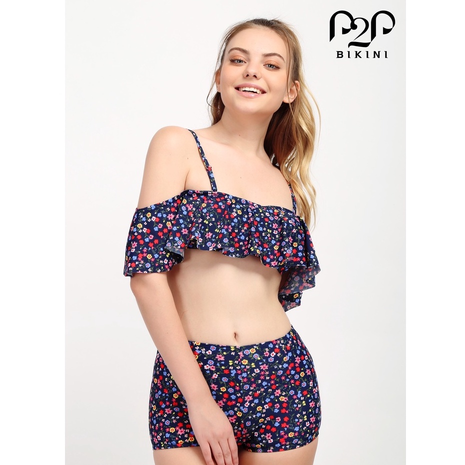 P2P BIKINI - Đồ bơi hai mảnh áo croptop bèo trễ vai, quần short họa tiết hoa nhí - BTK340HT_LC