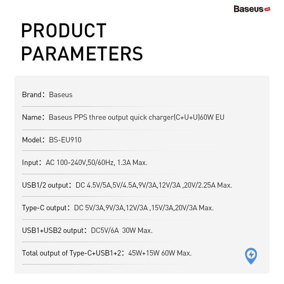 Cốc sạc siêu nhanh 3 cổng Type-C + Dual USB Baseus BS-CH910 Speed PPS, QC/PD3.0/VOOC/HW5A, công suất 60W