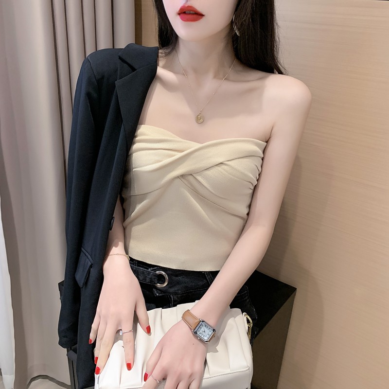 Cocory vn Áo crop top màu trơn trễ vai gợi cảm cho nữ