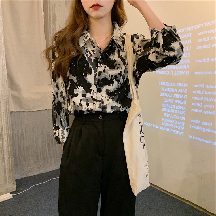 SUXI Áo sơ mi chiffon tay dài dáng rộng phong cách retro thời trang cho nữ