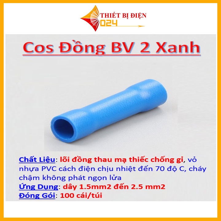 [100 cái] Đầu cos dây điện nối thẳng bọc nhựa BV 5, đầu cốt bấm dây 4mm 6mm, cosse (cót) đồng