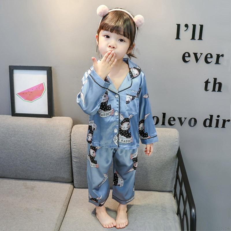 Babyme Baby Kids Girls Boys Cat Print Sleepwear Set Long Sleeve Button Blouse Tops+Pants Pajamas