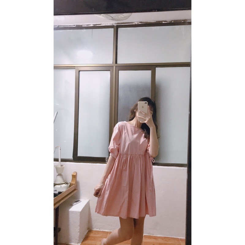 pass váy babydoll màu hồng pastel tay buộc nơ