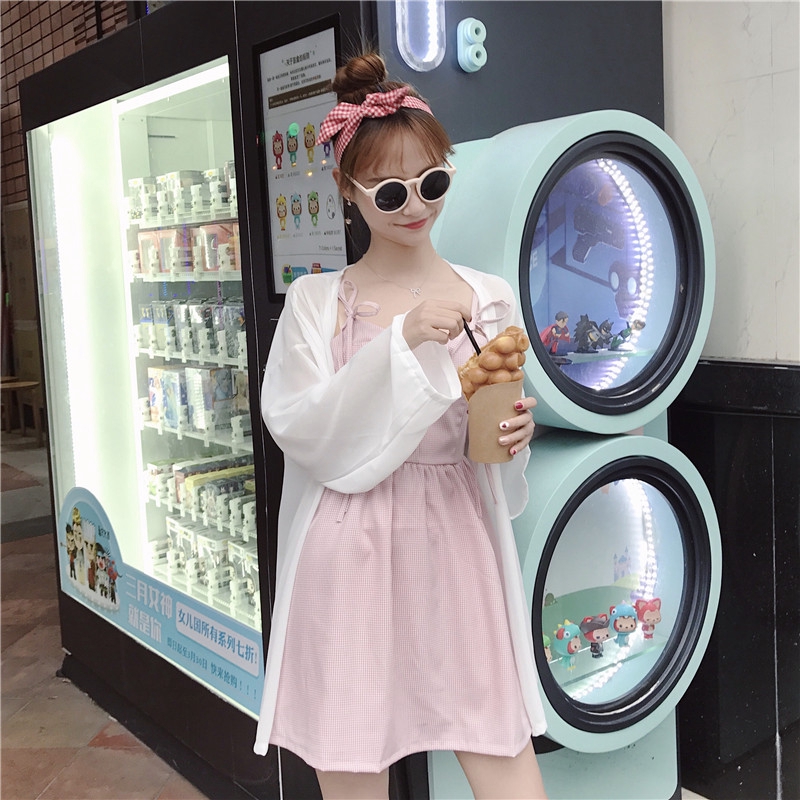 SUXI Đầm Hai Dây Dáng Chữ A Họa Tiết Caro Màu Sắc Ngọt Ngào Phong Cách Hàn Quốc