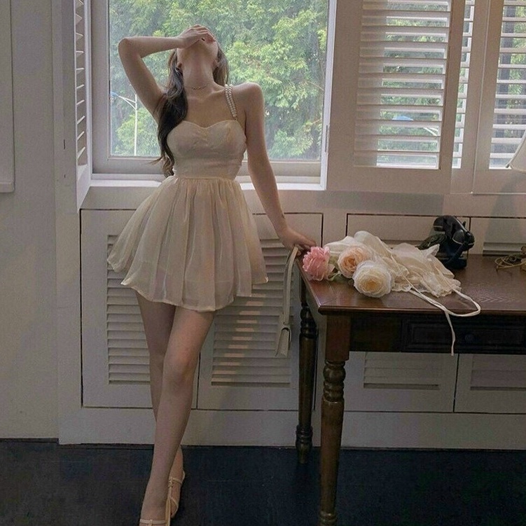 [MURIOKI] Đầm Lụa Hai Dây Dáng Chữ A Lấp Lánh Phong Cách Pháp Thời Trang Dự Tiệc Cho Nữ