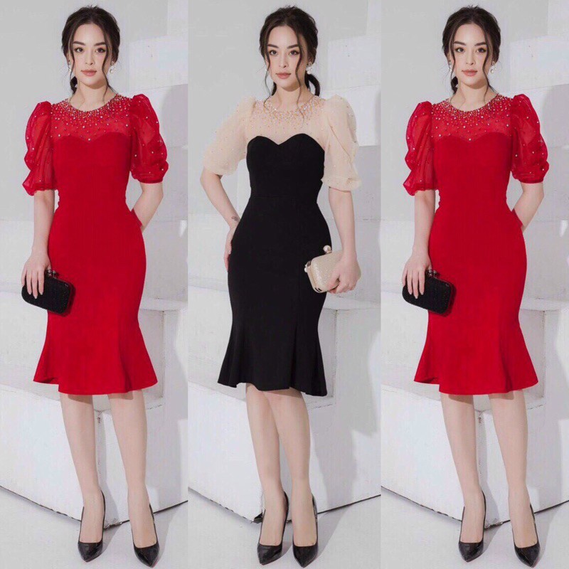 Đầm đẹp đồng giá đủ size 40-72kg _ Đầm body đuôi cá phối voan ép đá
