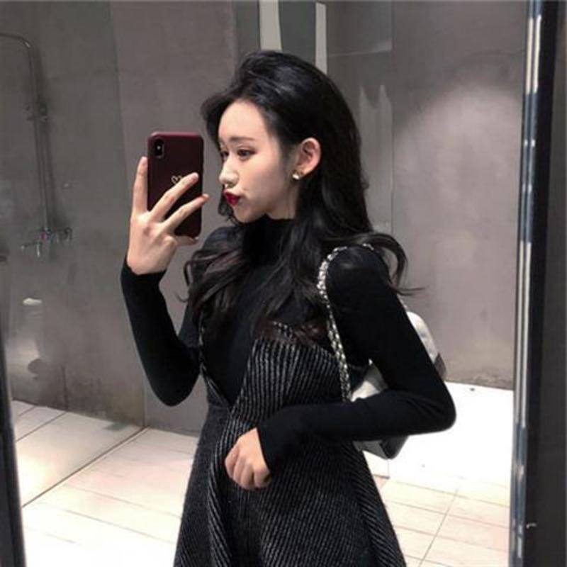 Set Áo Thun Dài Tay + Đầm Dệt Kim Màu Đen Thời Trang Thu Đông Dành Cho Nữ