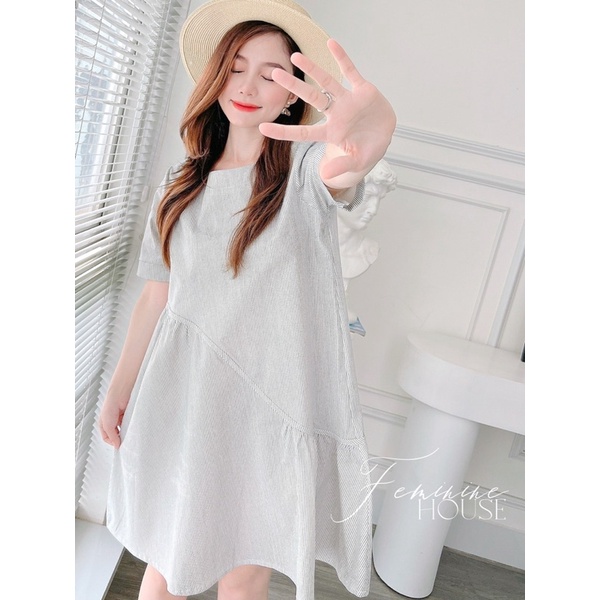 Đầm Sọc Nhún Viền, đầm babydoll, váy suông, đầm suông diện đi làm đi chơi