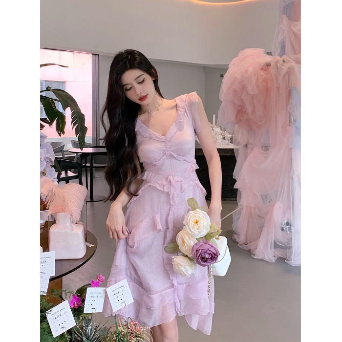 Đầm Chiffon Dáng Chữ A Cổ Chữ V Nhấn Eo Màu Tím Phong Cách Thời Trang