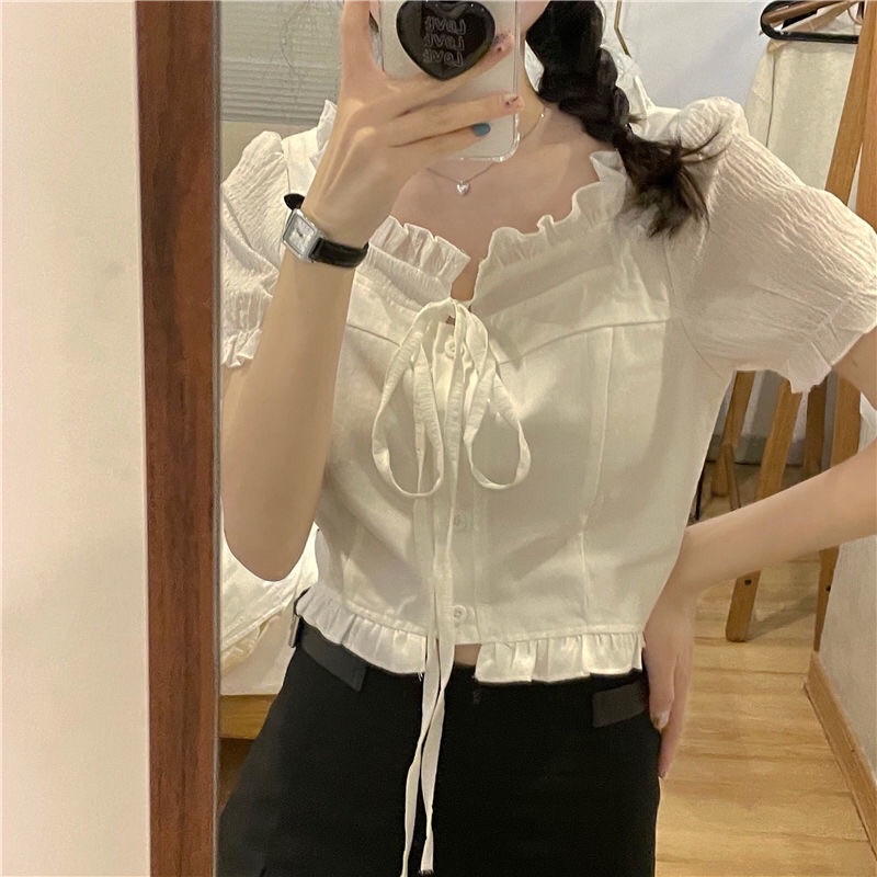Áo Croptop nữ tay ngắn dáng ôm phối nhún phong cách Hàn Quốc mã QD0136