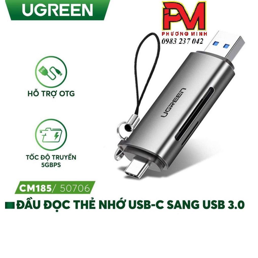 Đầu đọc thẻ nhớ SD/TF chuẩn USB Type C và USB 3.0 Ugreen 50706 cao cấp chính hãng