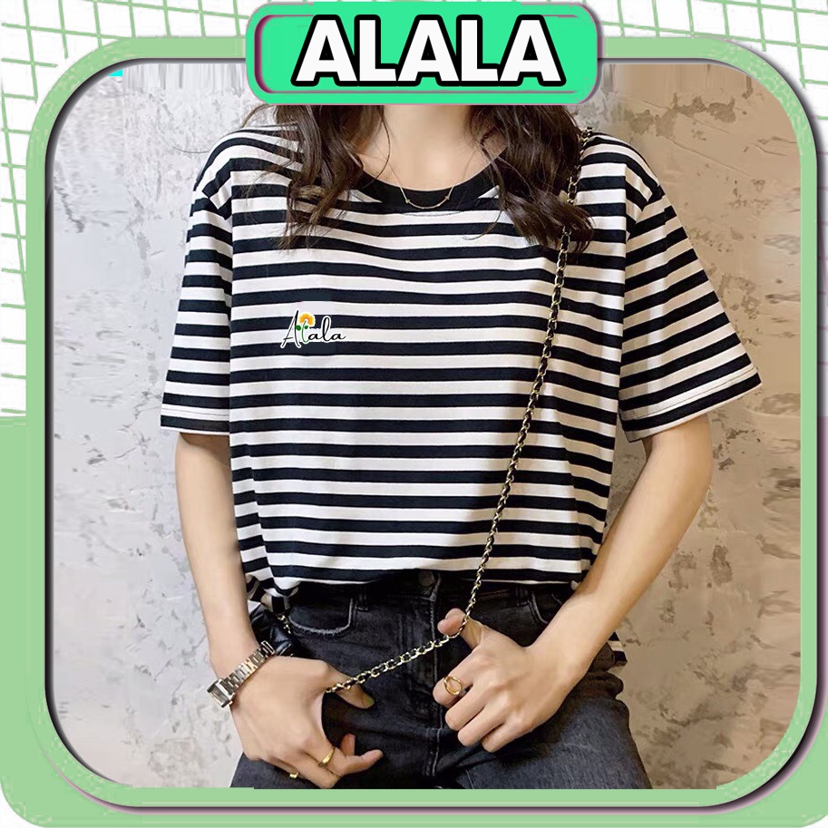 Áo thun tay ngắn cổ tròn họa tiết kẻ sọc phom rộng kiểu Hàn năng động dành cho nữ 2022 ALALA