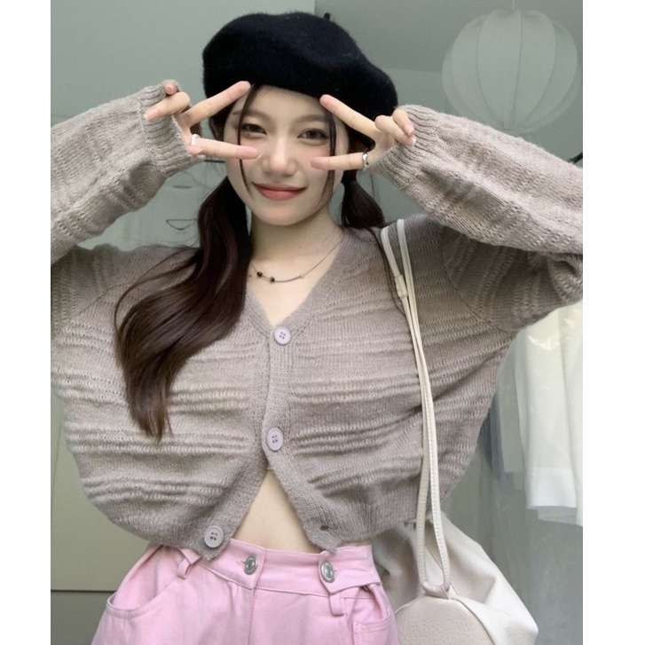 QKOOLE Áo khoác cardigan  dệt kim tay dài cổ chữ V phong cách Hàn Quốc thời trang dành cho nữ