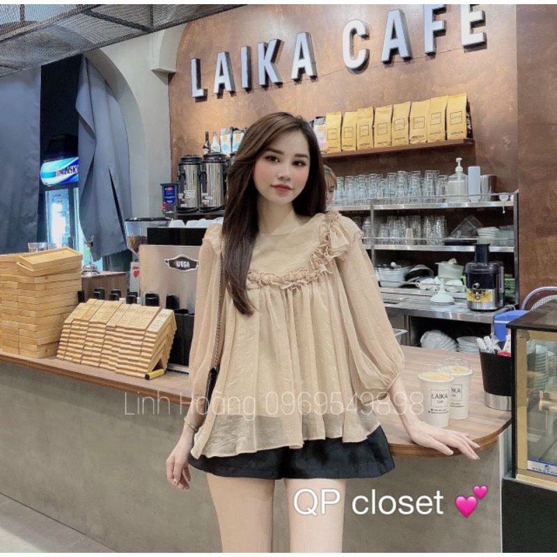 Áo Voan 2 lớp tay phồng xếp bèo phom rộng - bầu bì bọn Chen được ạ