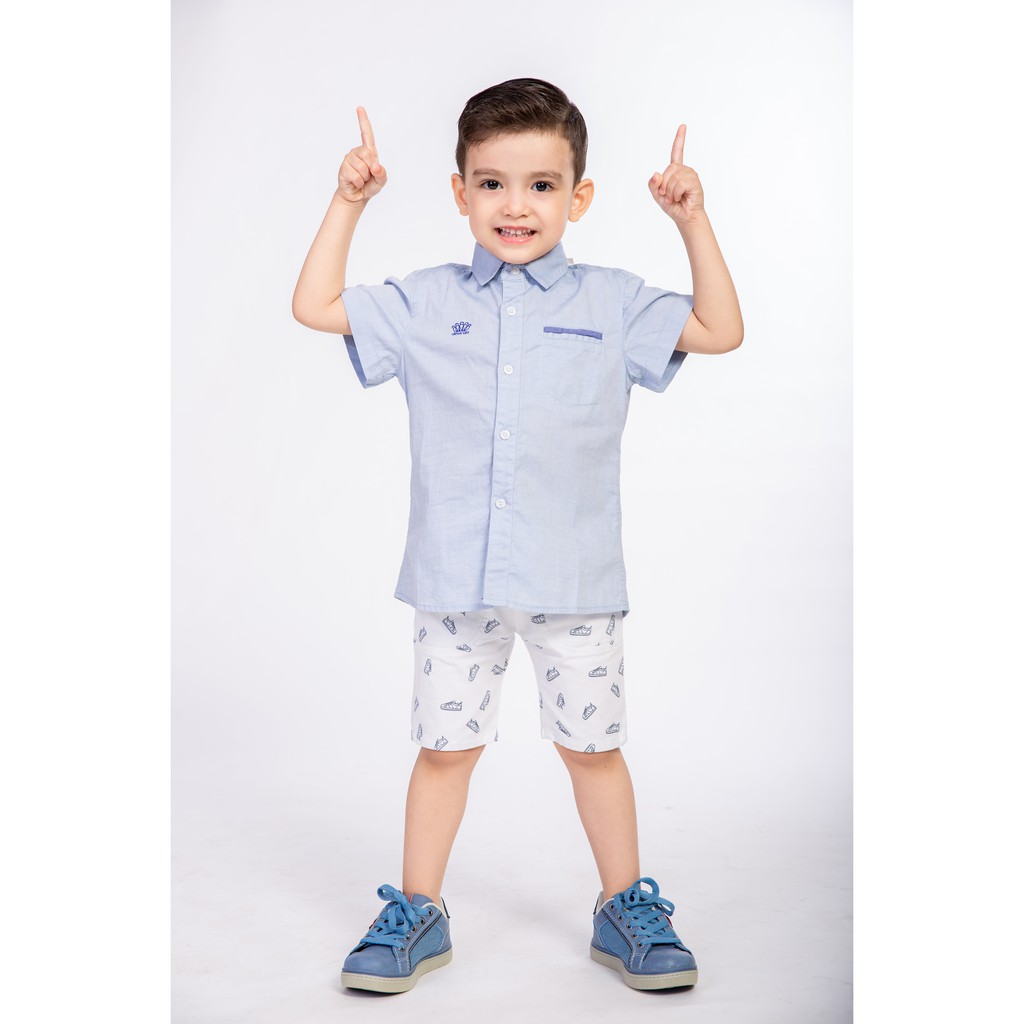 Áo sơ mi bé trai màu trắng/xanh/hồng Crown Kids Fashion T-Shirt CKBSGC2280801 cho bé 3-14 tuổi size 4-10