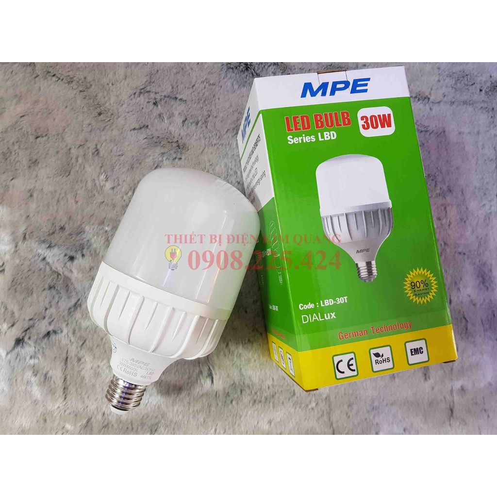 Bóng đèn LED BULB trụ tròn MPE- 20W/30W/40W/ 50W, TRẮNG/VÀNG Bảo hành 12 tháng