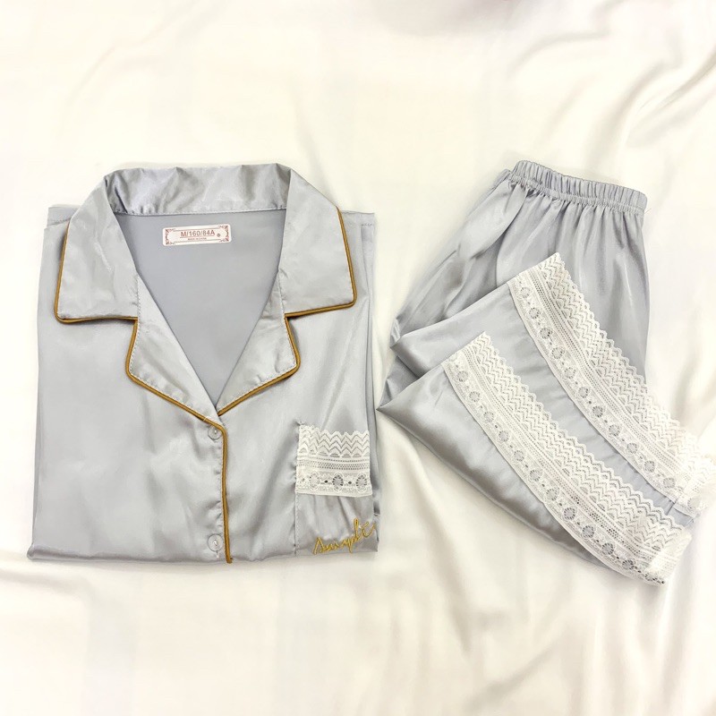 Pijama- Bộ Ngủ Lụa Set Cộc Mặc Nhà Màu Xanh Xám Viền Ren CCLP01