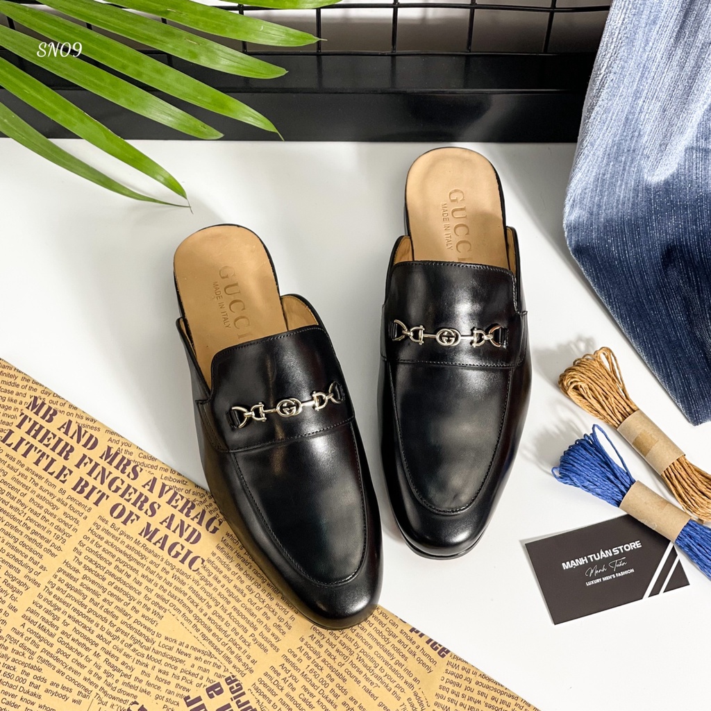 Sục nam cao cấp - Giày mules Gucci nam Da bò nguyên miếng, đế gỗ sồi cùng quai kim loại cực kì sang trọng SN09