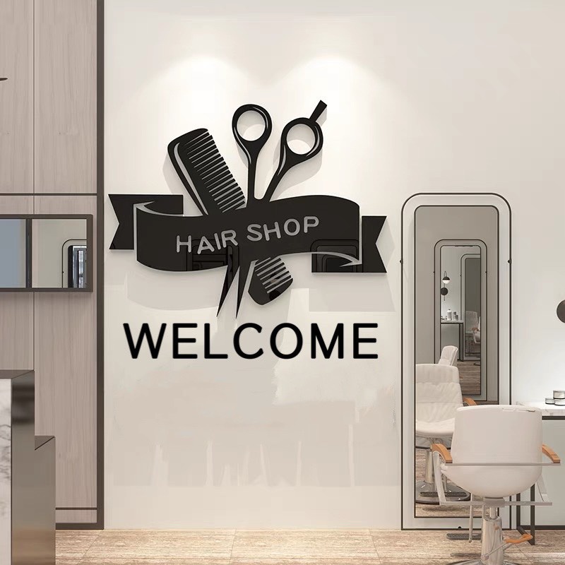 Tranh dán tường mica dán nổi cây kéo vàng trang trí salon tóc