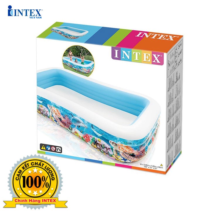 Bể bơi phao trẻ em INTEX 58485, kích thước lớn, dài 3m, cho 4 - 5 bé cùng chơi, bơm - xả hơi dễ dàng
