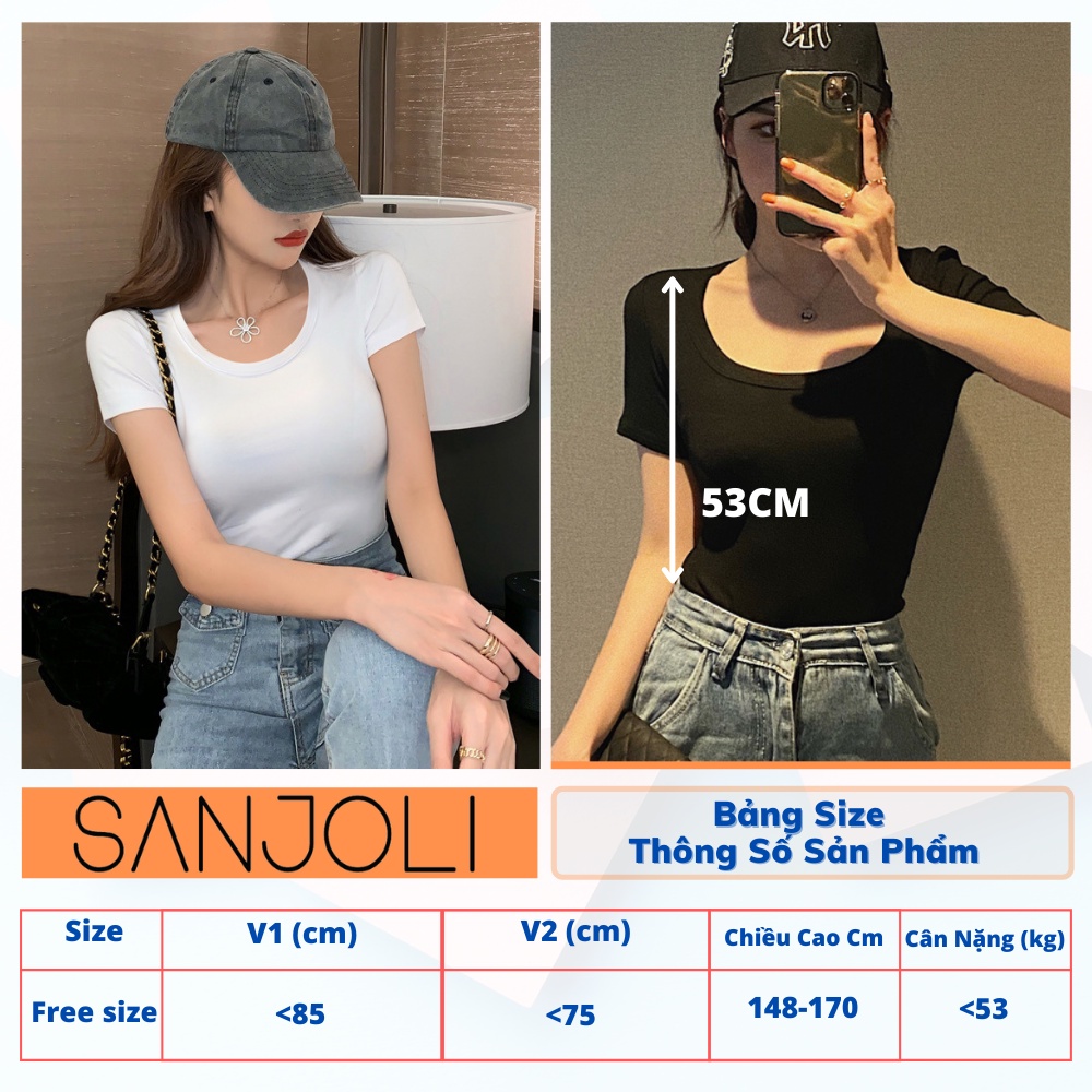 Áo Cổ Vuông SANJOLI Áo Thun Croptop Kiểu Dáng Ôm Trơn Basic Nữ Tay Ngắn Sexy Màu Trắng Đen Xám Bánh Bèo AO043