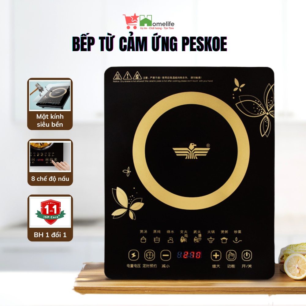 Bếp Từ Cảm Ứng PESKOE Công Suất 2200W Mặt Kính Chịu Lực Chịu Nhiệt Tốt, Ngắt Tự Động, Hẹn Giờ Tiết Kiệm Điện, An Toàn
