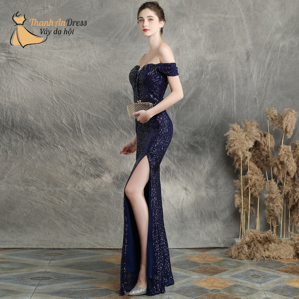 Đầm Dự Tiệc Đuôi Cá Kim Sa Thiết Kế Trễ Vai Đính Cườm Sang Chảnh