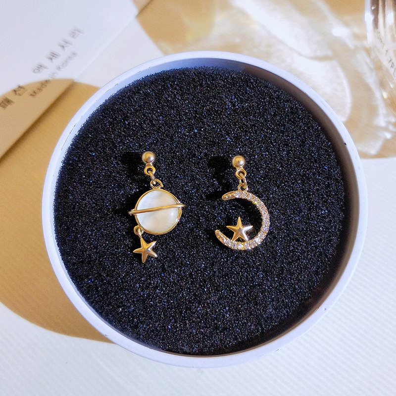 [Jiudolan] Khuyên Tai Đính Đá Opal Nhân Tạo Hình Mặt Trăng Ngôi Sao Không Đối Xứng Cho Nữ