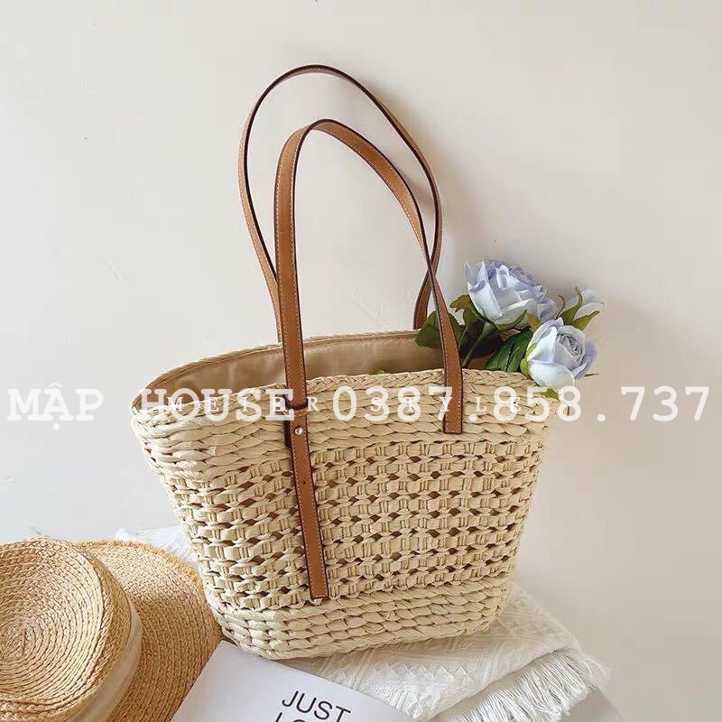 Túi cói quai da cao cấp- Túi xách cói vintage size to đeo vai siêu tiện lợi