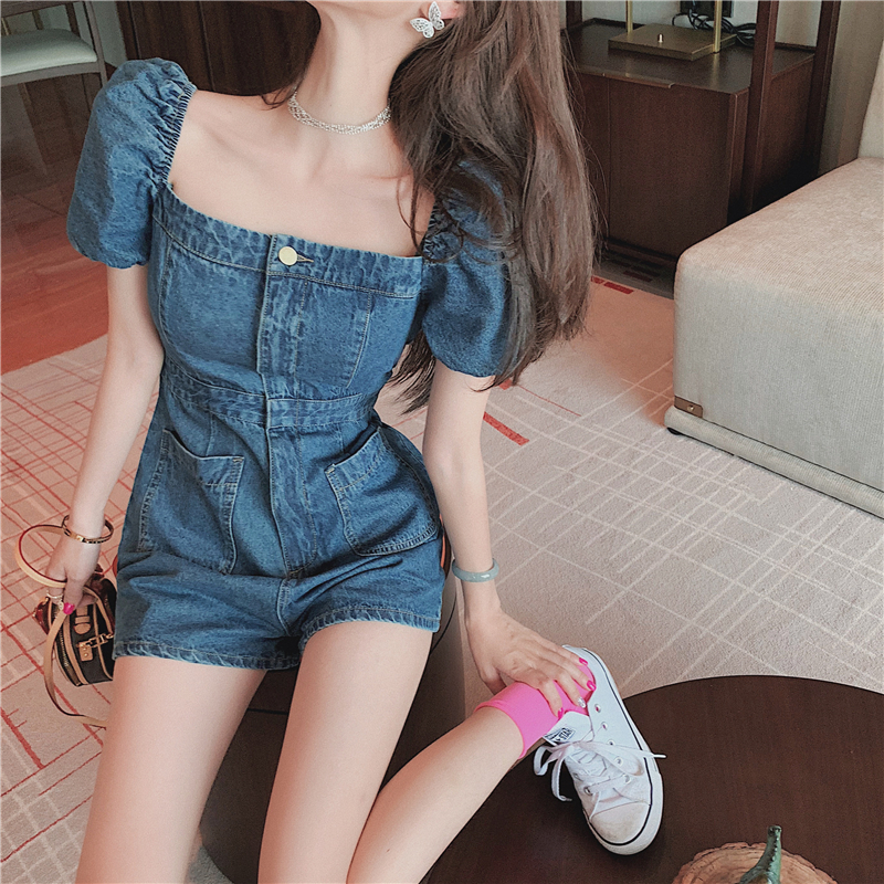 Jumpsuit Denim Lưng Cao Ống Rộng Thời Trang Mùa Hè 2020 Cho Nữ