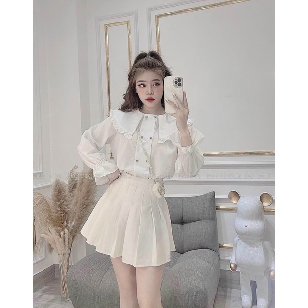 Áo sơ mi trắng xanh vintage phong cách Hàn Quốc shop Chavi