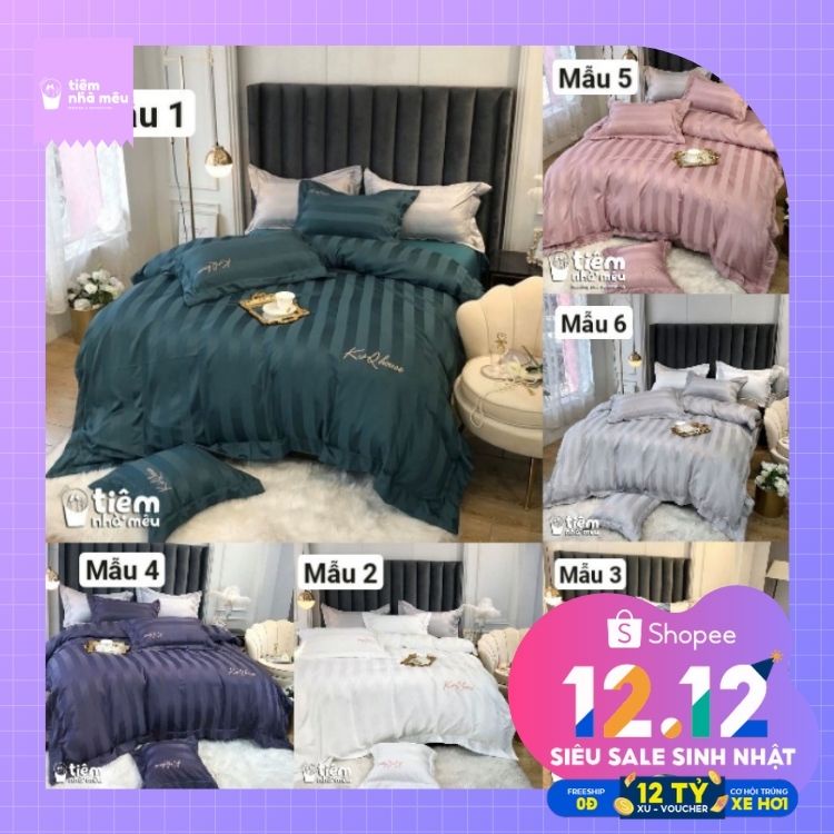 Bộ Chăn Ga Gối Lụa Sateen✨ m6/m8/2m -Full size Tiệm Nhà Mêu✨Set 4 Món: 2 Vỏ gối ,drap ,vỏ chăn Lụa KQ Sọc Kẻ