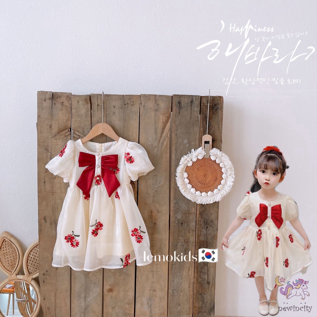 Đầm Công Chúa Tay Phồng Ngắn Phối Lưới Thắt Nơ Phong Cách Hàn Quốc Cho Bé Gái