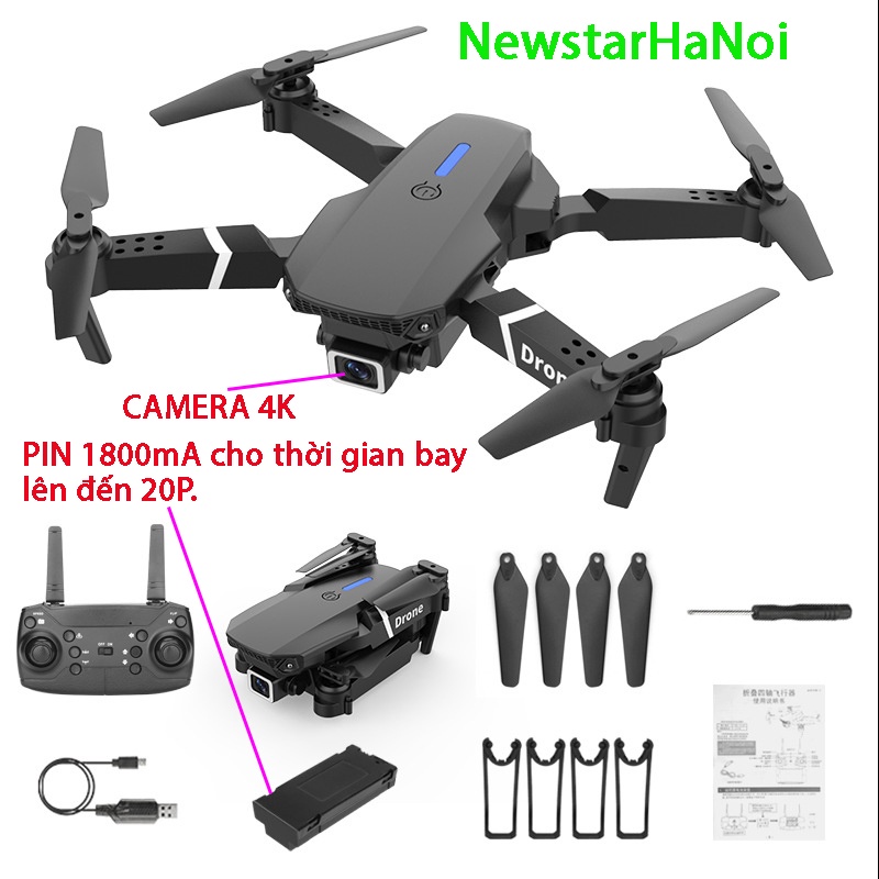 Flycam Mini, Giá Rẻ, Có Camera LS E525 PRO - Quay Phim, Chụp Ảnh Chất Lượng 4K, Pin 1800mA Cho Phép Bay Liên Tục 20P