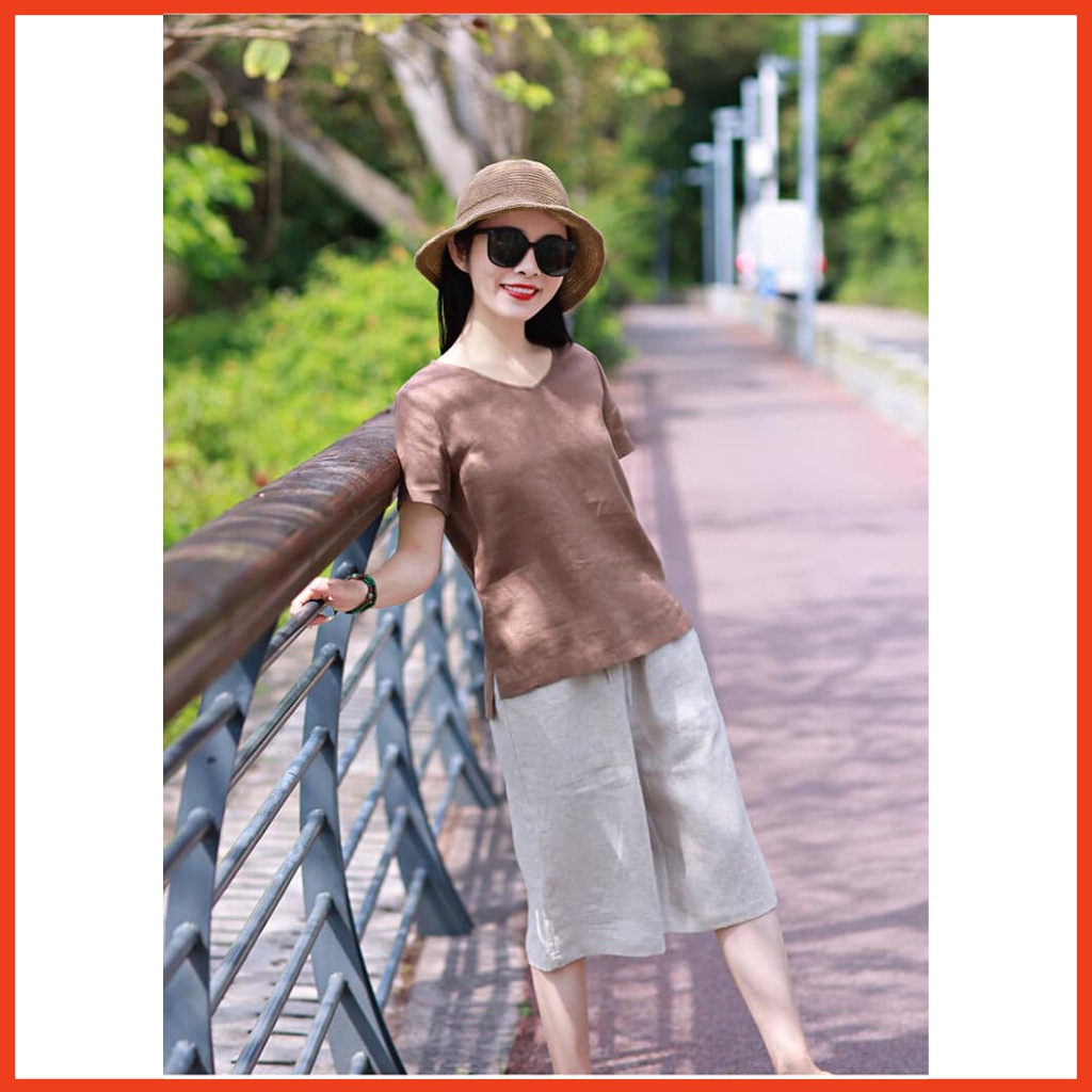 Bộ Quần Áo Trung Niên Mặc Hè Áo Cộc Tay Cổ Tim, Quần Lửng Ống Rộng Chất Liệu Linen Thoáng Mát