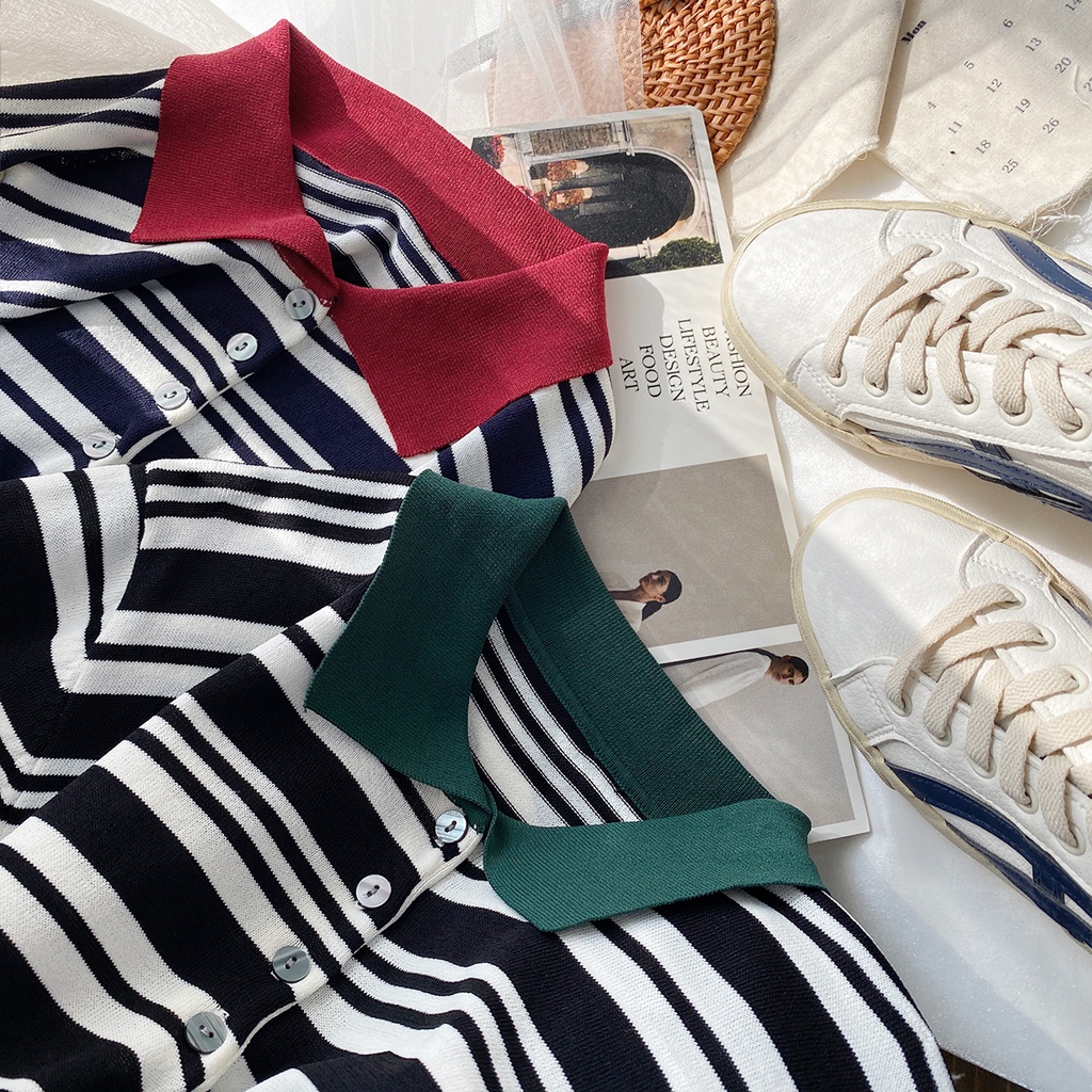 Áo thun polo ZHELIHANGFEI dệt kim ngắn tay họa tiết kẻ sọc tương phản phong cách cổ điển