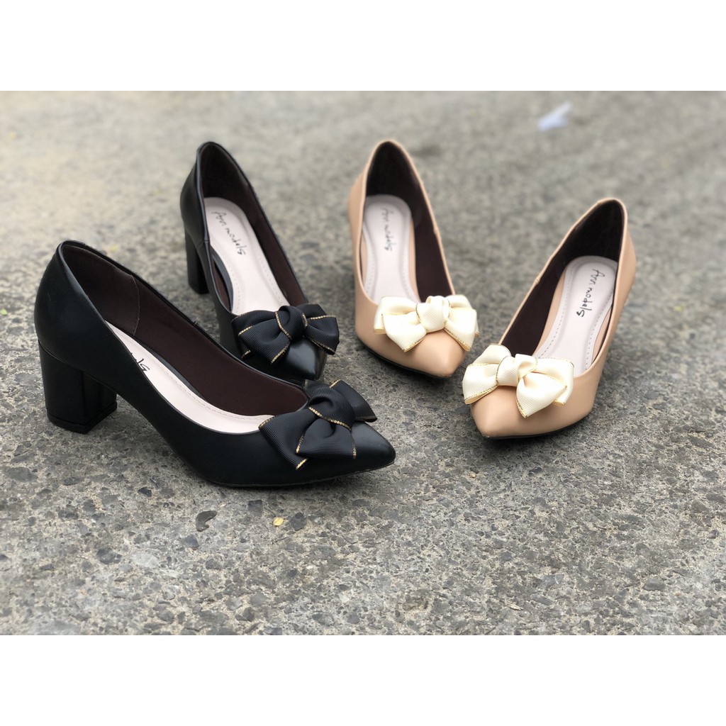Giày cao gót 5 phân gót vuông mũi nhọn Annmodels thời trang công sở phối nơ SGR-A026XMNSG