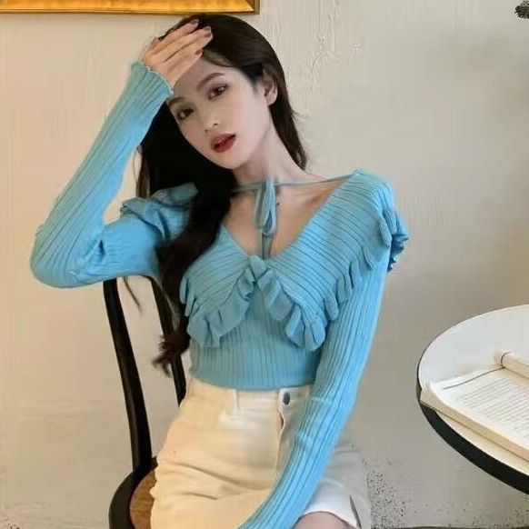 Niche Áo Sweater Dệt Kim Màu Trơn Phong Cách Phương Tây Thời Trang Mùa Thu 2021 Mới Cho Nữ