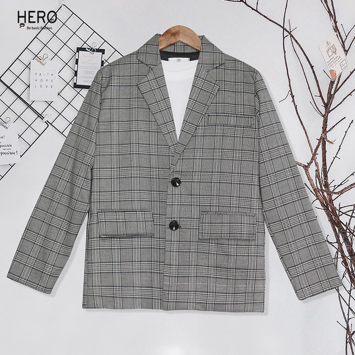 [HÌNH THẬT] Áo Blazer Kẻ Nam, Túi Hộp, Áo Khoác Caro Form Rộng Màu Xám, Phong Cách Hàn Quốc BZ16